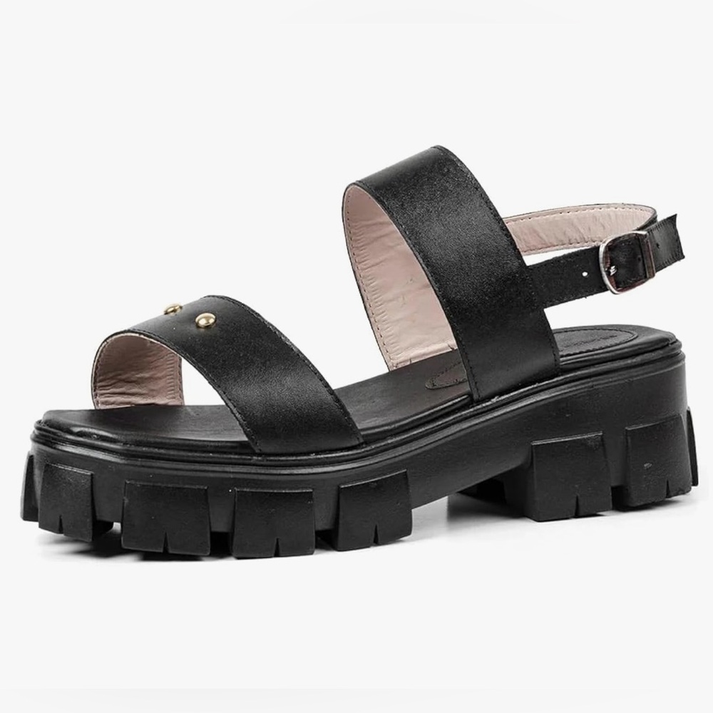 Black with Gold studs Sandro Moscoloni Strappy Platform Lug Sole Sandals Size 9